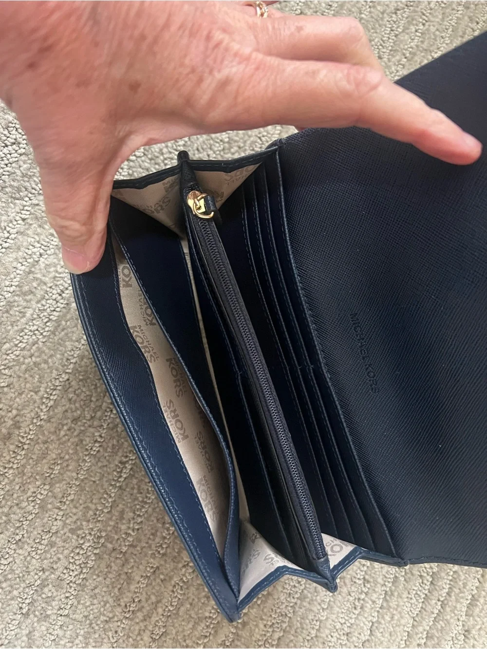 Michael Kors Midnight Blue Pebbled Leather Wallet with Gold MK Emblem